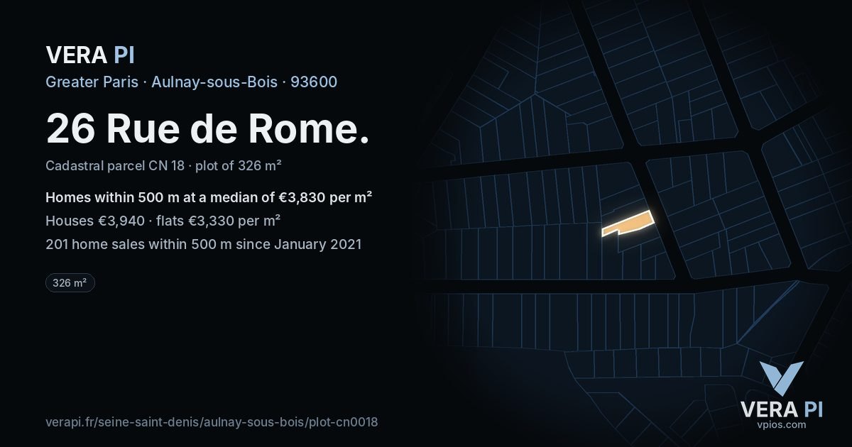 26 Rue de Rome, Aulnay-sous-Bois at night – the plot lit, the parcels around coloured by the prices near them