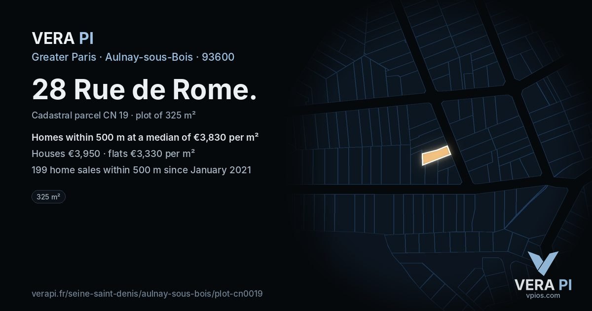 28 Rue de Rome, Aulnay-sous-Bois at night – the plot lit, the parcels around coloured by the prices near them
