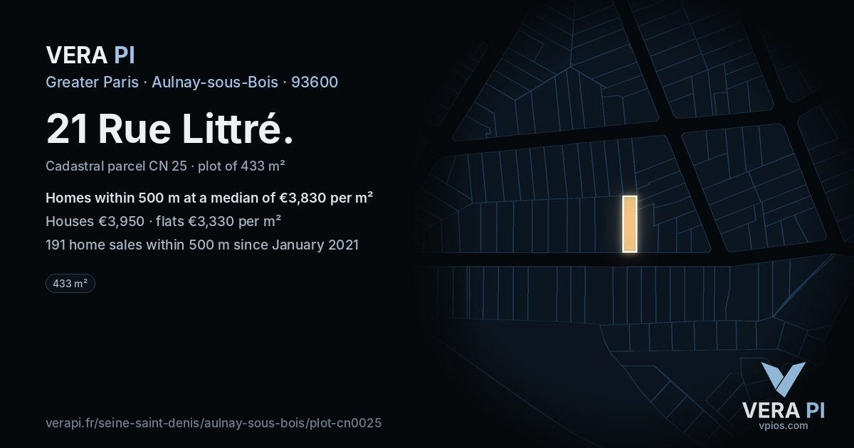 21 Rue Littré, Aulnay-sous-Bois at night – the plot lit, the parcels around coloured by the prices near them