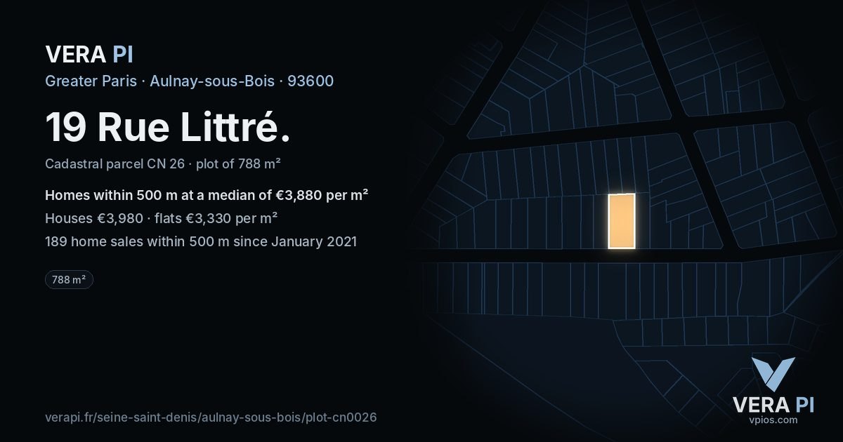 19 Rue Littré, Aulnay-sous-Bois at night – the plot lit, the parcels around coloured by the prices near them