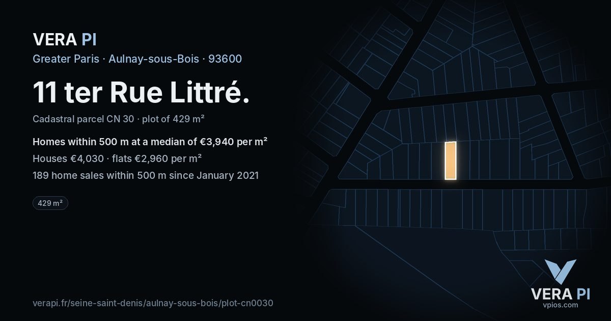 11 ter Rue Littré, Aulnay-sous-Bois at night – the plot lit, the parcels around coloured by the prices near them