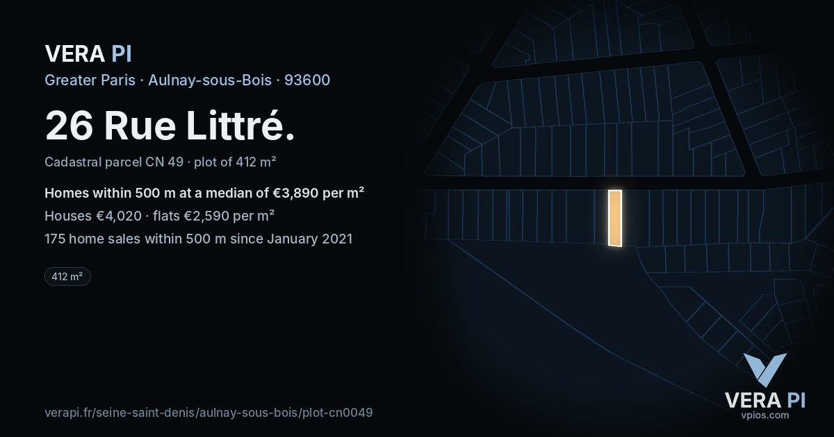 26 Rue Littré, Aulnay-sous-Bois at night – the plot lit, the parcels around coloured by the prices near them