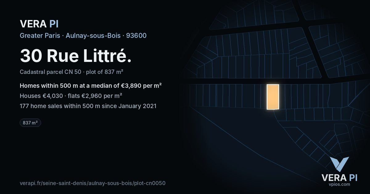 30 Rue Littré, Aulnay-sous-Bois at night – the plot lit, the parcels around coloured by the prices near them