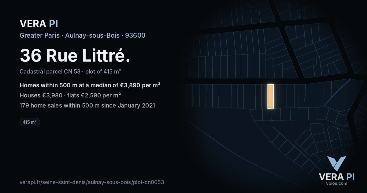 36 Rue Littré, Aulnay-sous-Bois at night – the plot lit, the parcels around coloured by the prices near them