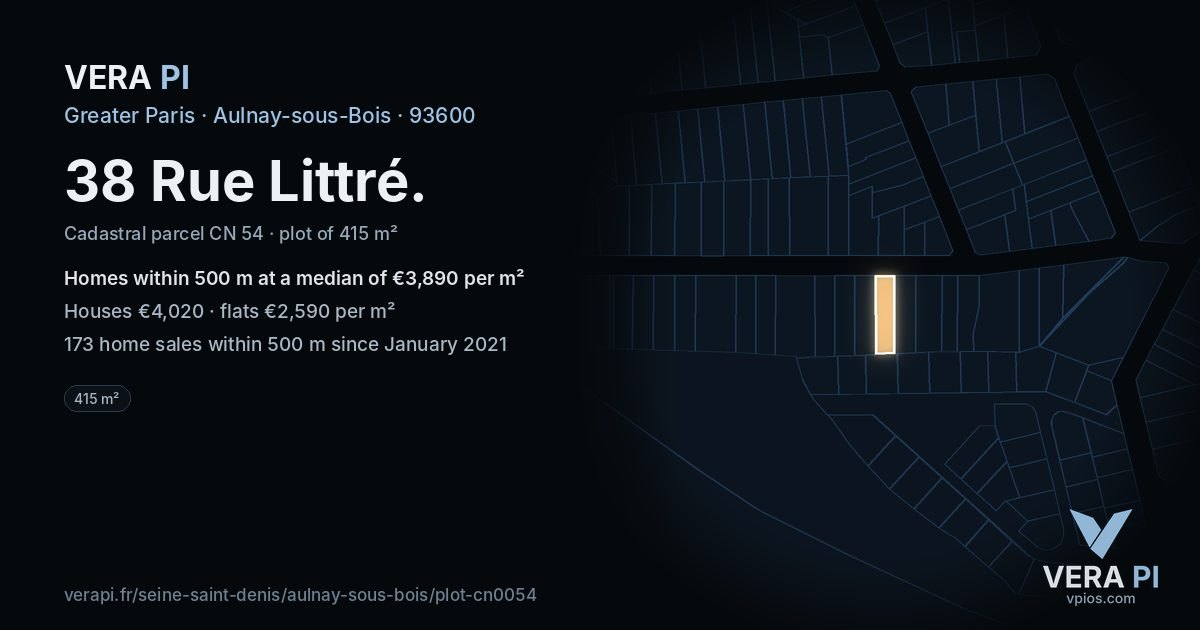 38 Rue Littré, Aulnay-sous-Bois at night – the plot lit, the parcels around coloured by the prices near them