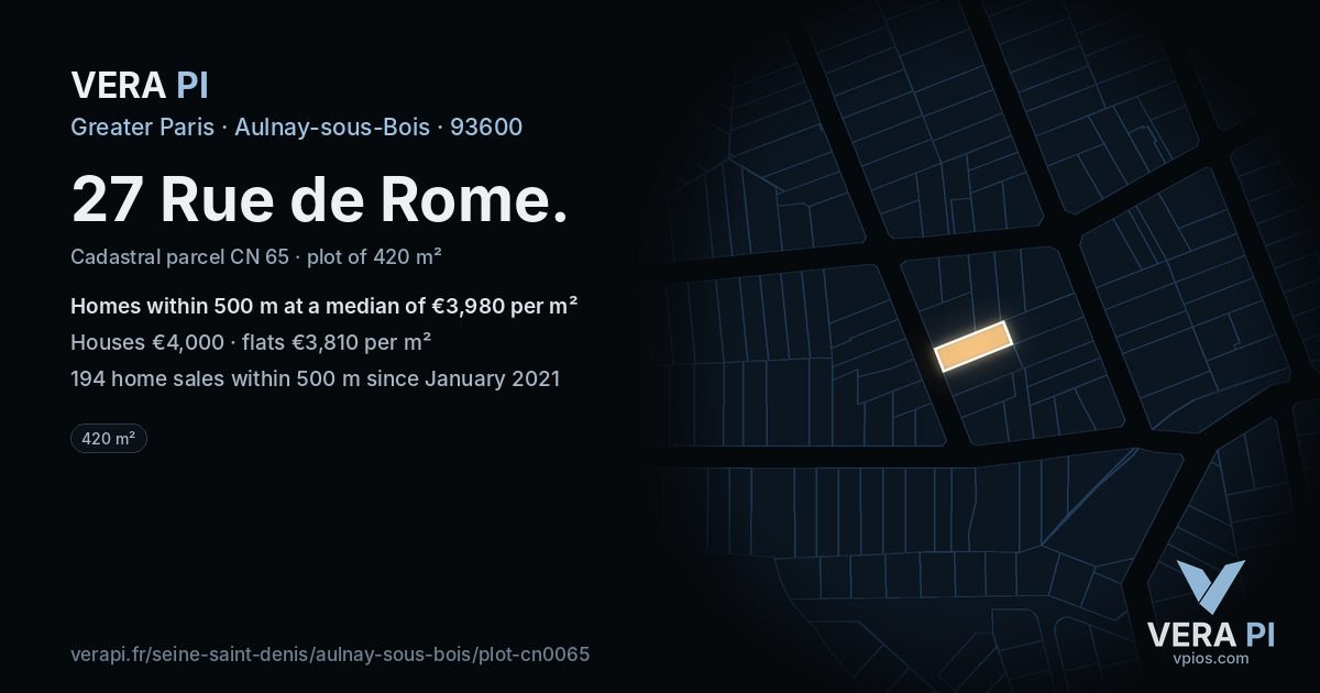 27 Rue de Rome, Aulnay-sous-Bois at night – the plot lit, the parcels around coloured by the prices near them