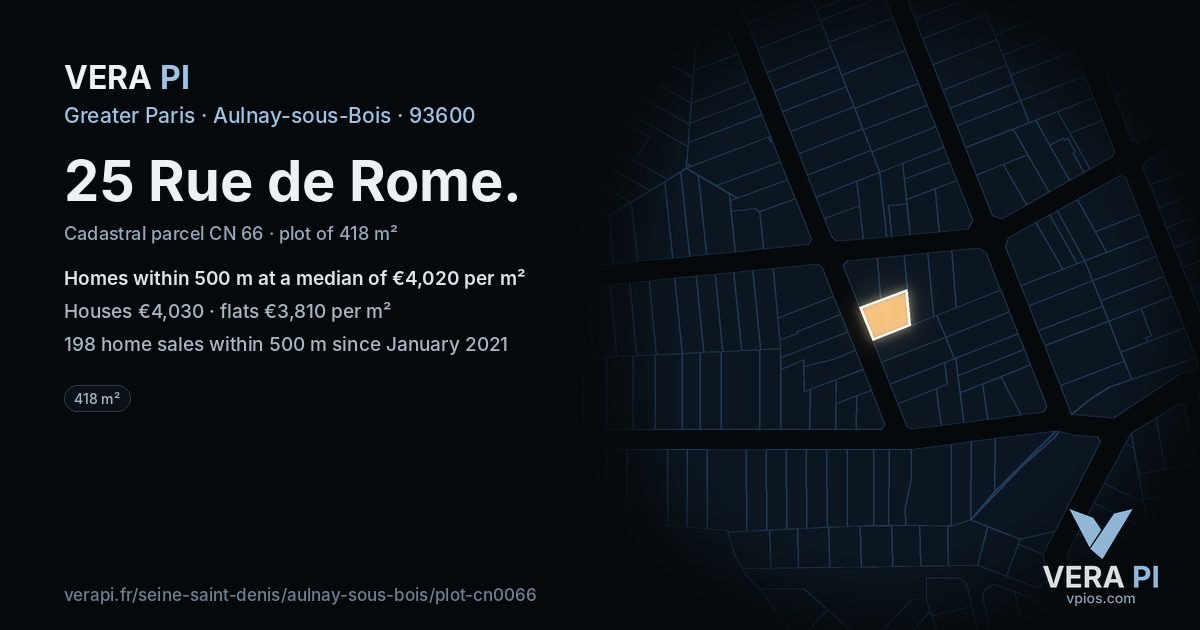 25 Rue de Rome, Aulnay-sous-Bois at night – the plot lit, the parcels around coloured by the prices near them