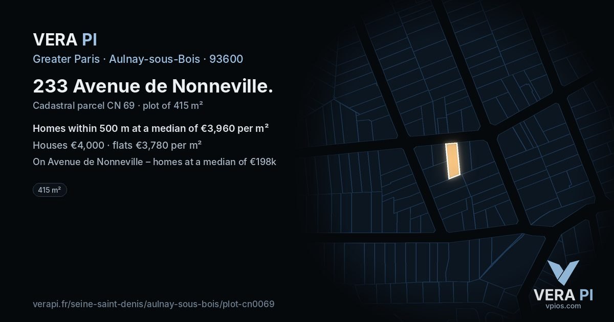 233 Avenue de Nonneville, Aulnay-sous-Bois at night – the plot lit, the parcels around coloured by the prices near them