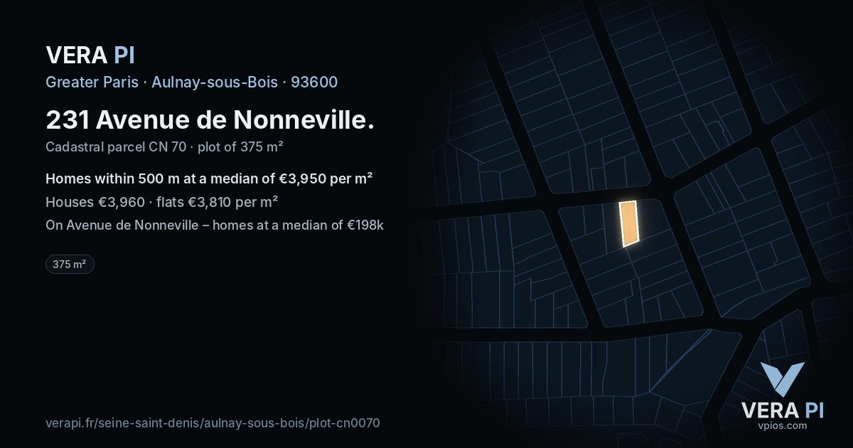 231 Avenue de Nonneville, Aulnay-sous-Bois at night – the plot lit, the parcels around coloured by the prices near them