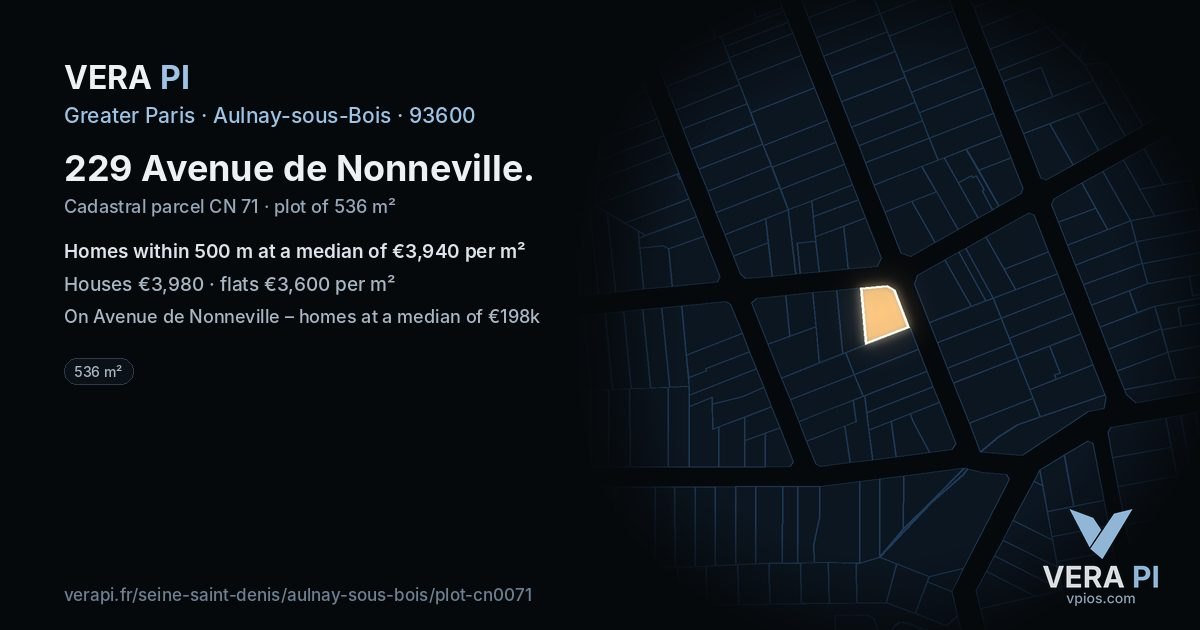 229 Avenue de Nonneville, Aulnay-sous-Bois at night – the plot lit, the parcels around coloured by the prices near them