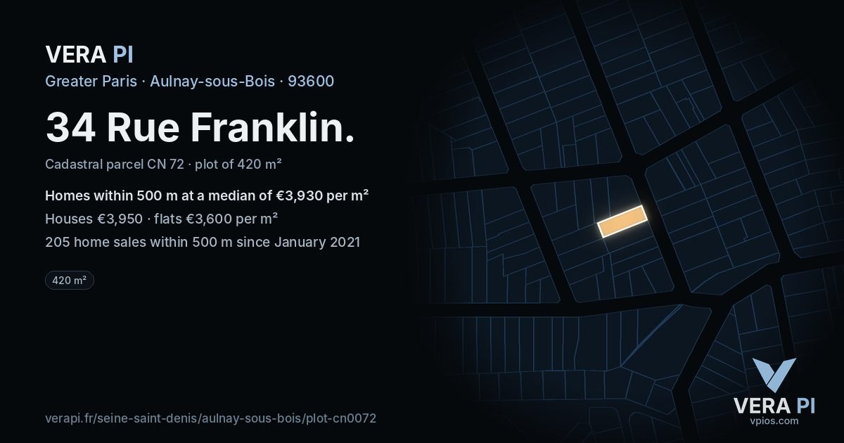 34 Rue Franklin, Aulnay-sous-Bois at night – the plot lit, the parcels around coloured by the prices near them