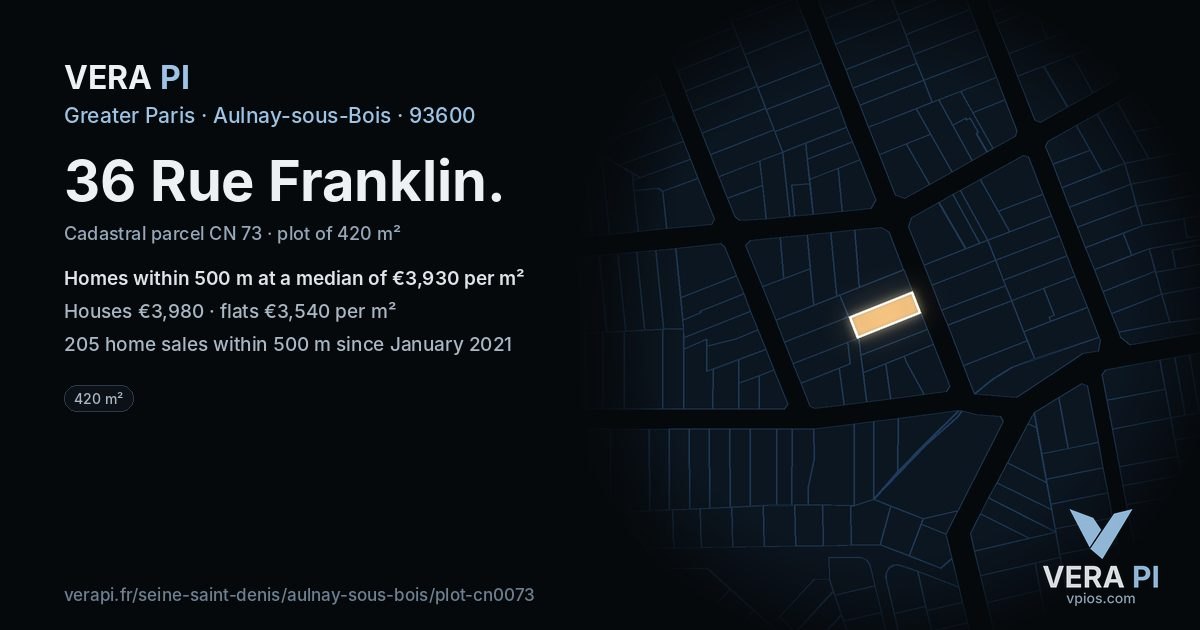 36 Rue Franklin, Aulnay-sous-Bois at night – the plot lit, the parcels around coloured by the prices near them