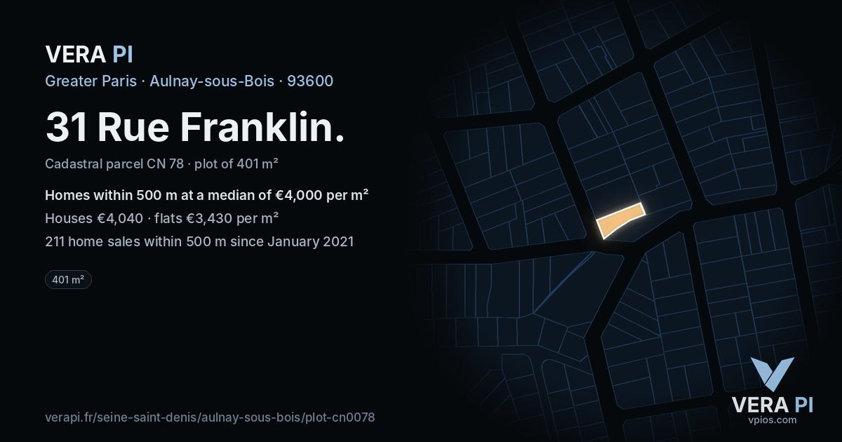31 Rue Franklin, Aulnay-sous-Bois at night – the plot lit, the parcels around coloured by the prices near them