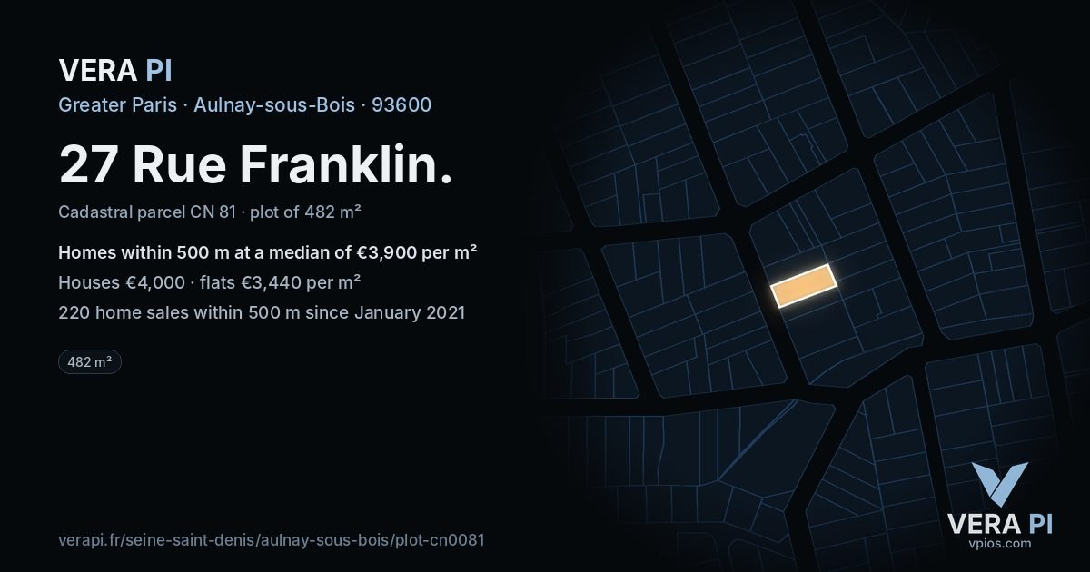 27 Rue Franklin, Aulnay-sous-Bois at night – the plot lit, the parcels around coloured by the prices near them