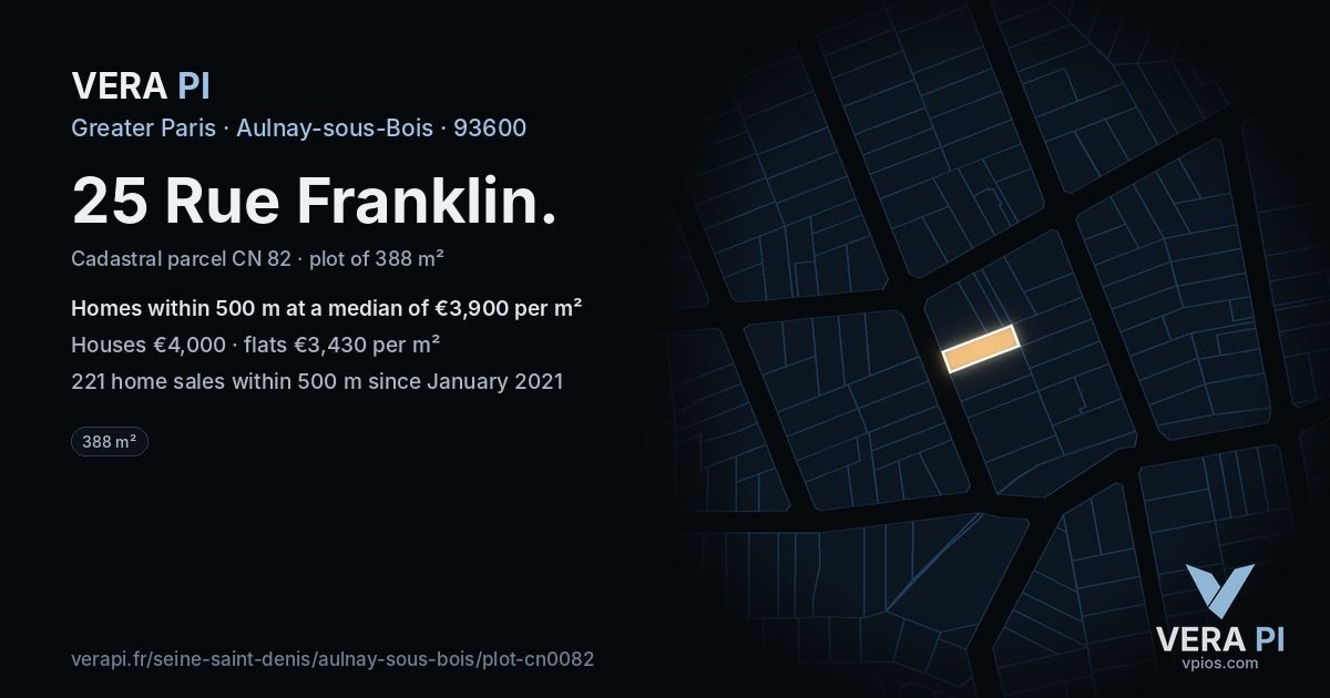 25 Rue Franklin, Aulnay-sous-Bois at night – the plot lit, the parcels around coloured by the prices near them