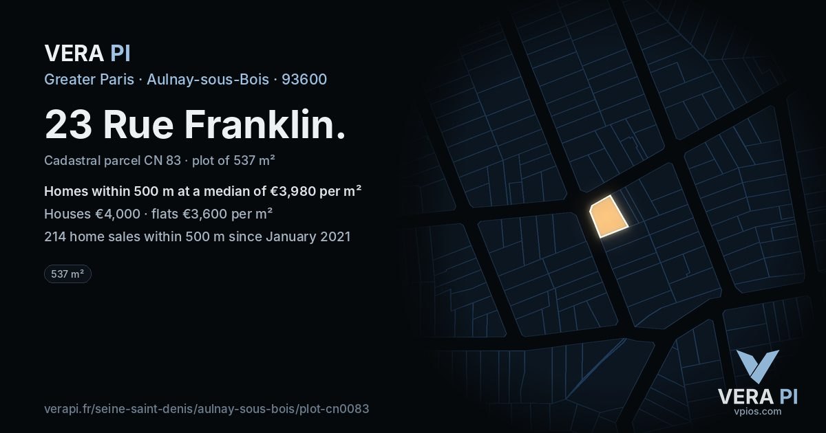 23 Rue Franklin, Aulnay-sous-Bois at night – the plot lit, the parcels around coloured by the prices near them