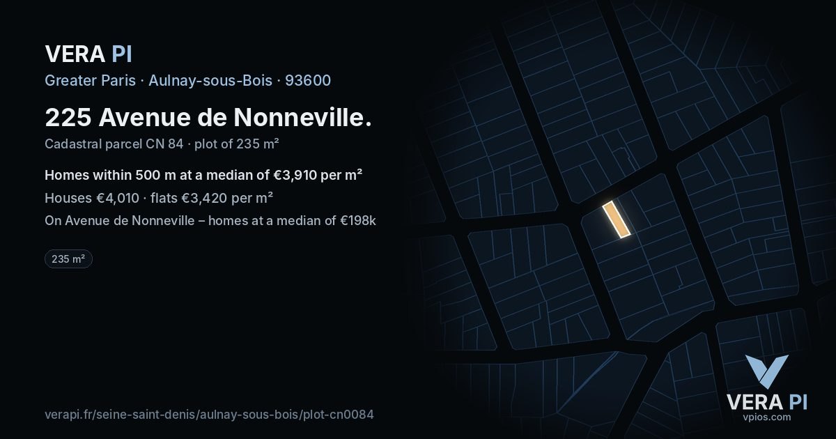 225 Avenue de Nonneville, Aulnay-sous-Bois at night – the plot lit, the parcels around coloured by the prices near them