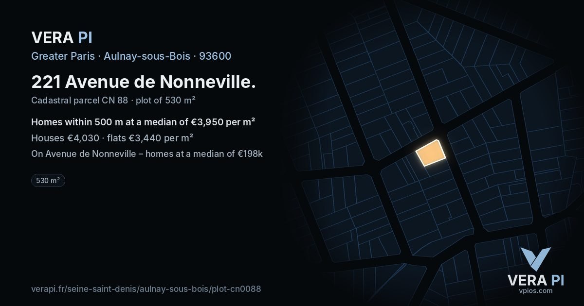 221 Avenue de Nonneville, Aulnay-sous-Bois at night – the plot lit, the parcels around coloured by the prices near them