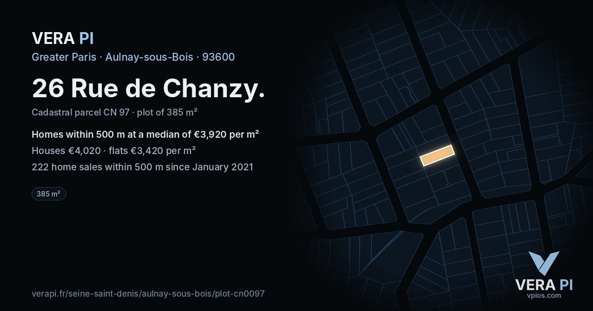 26 Rue de Chanzy, Aulnay-sous-Bois at night – the plot lit, the parcels around coloured by the prices near them