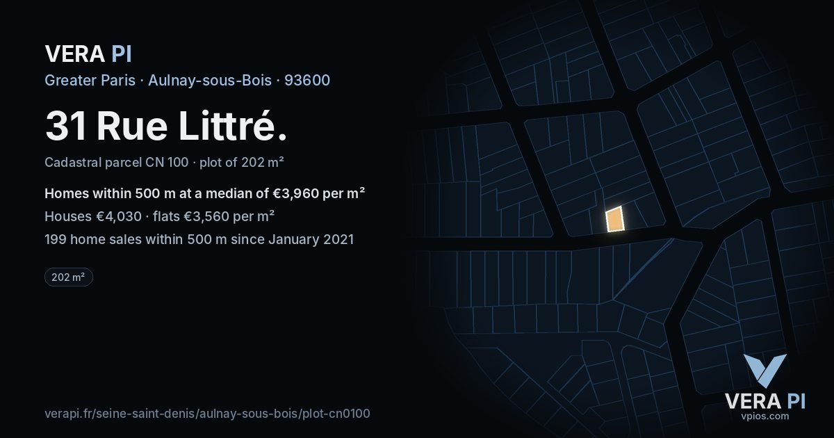 31 Rue Littré, Aulnay-sous-Bois at night – the plot lit, the parcels around coloured by the prices near them