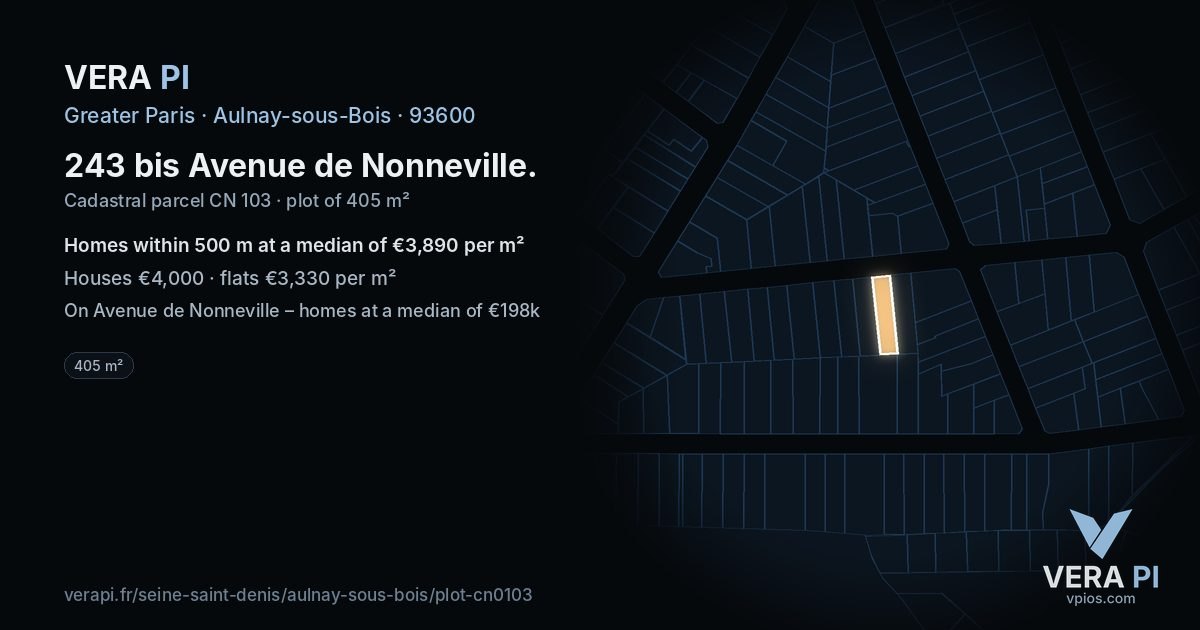 243 bis Avenue de Nonneville, Aulnay-sous-Bois at night – the plot lit, the parcels around coloured by the prices near them