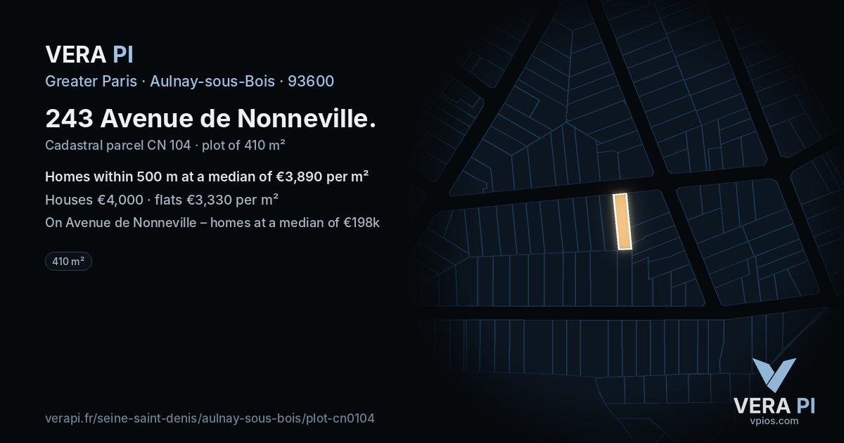 243 Avenue de Nonneville, Aulnay-sous-Bois at night – the plot lit, the parcels around coloured by the prices near them