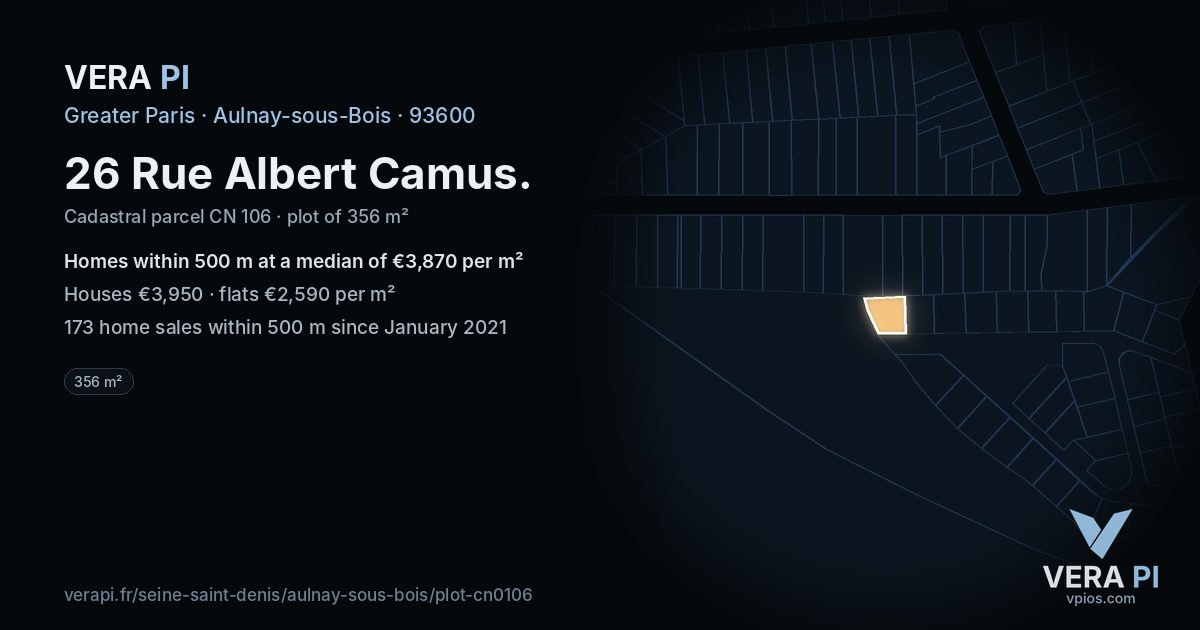 26 Rue Albert Camus, Aulnay-sous-Bois at night – the plot lit, the parcels around coloured by the prices near them