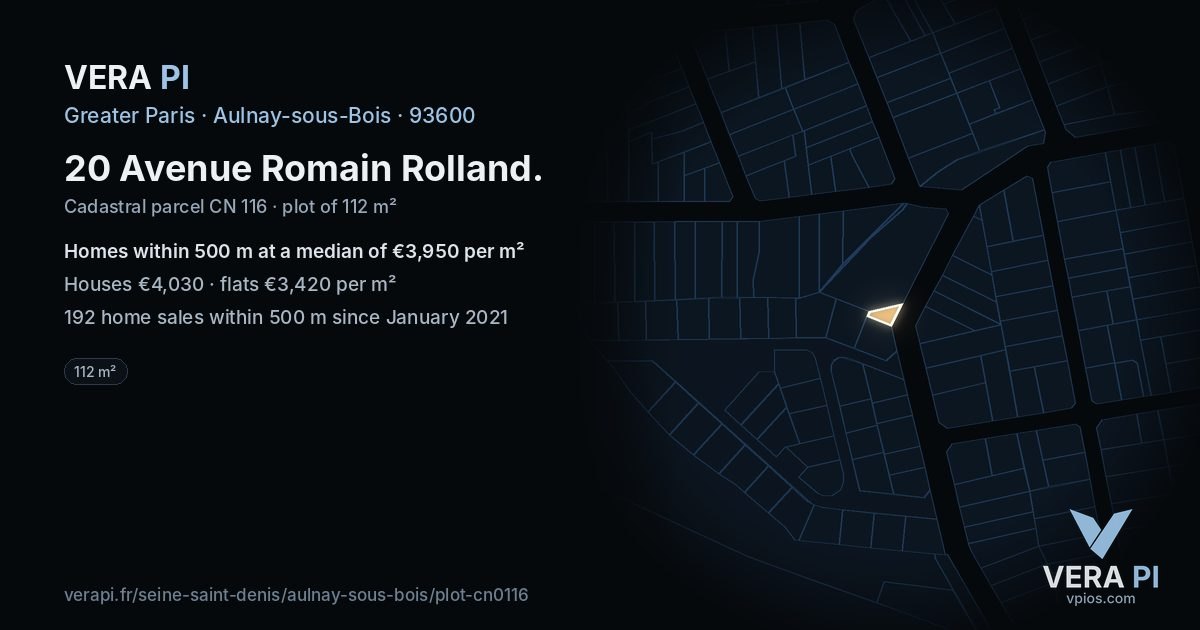 20 Avenue Romain Rolland, Aulnay-sous-Bois at night – the plot lit, the parcels around coloured by the prices near them