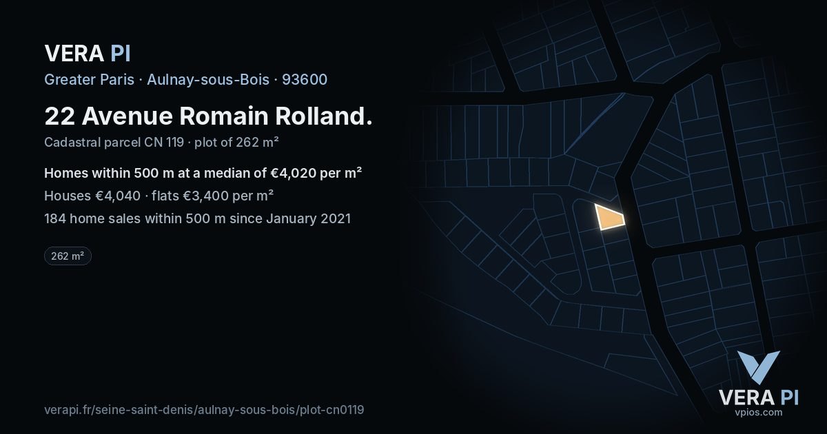 22 Avenue Romain Rolland, Aulnay-sous-Bois at night – the plot lit, the parcels around coloured by the prices near them