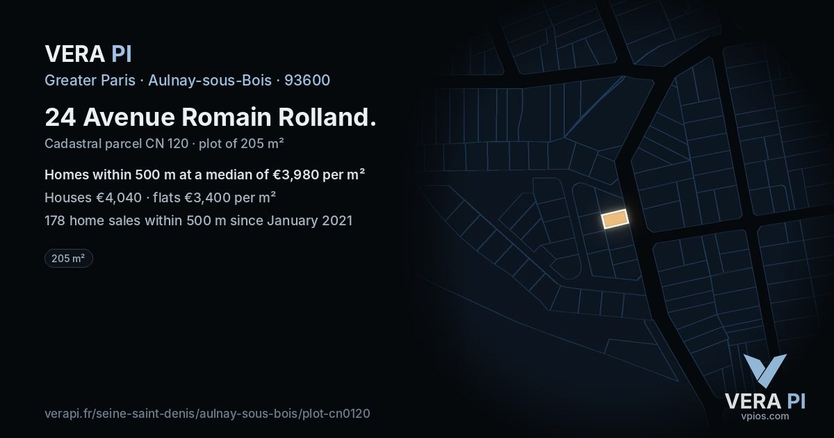 24 Avenue Romain Rolland, Aulnay-sous-Bois at night – the plot lit, the parcels around coloured by the prices near them