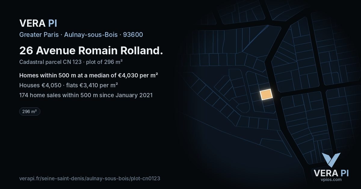 26 Avenue Romain Rolland, Aulnay-sous-Bois at night – the plot lit, the parcels around coloured by the prices near them