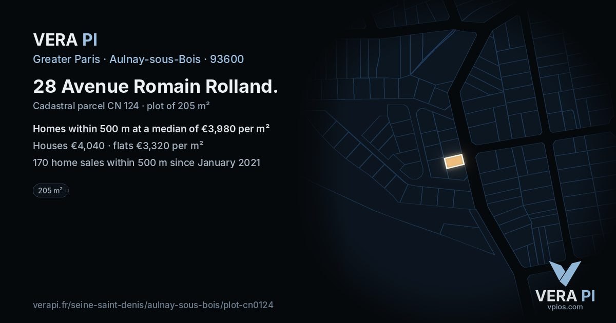 28 Avenue Romain Rolland, Aulnay-sous-Bois at night – the plot lit, the parcels around coloured by the prices near them