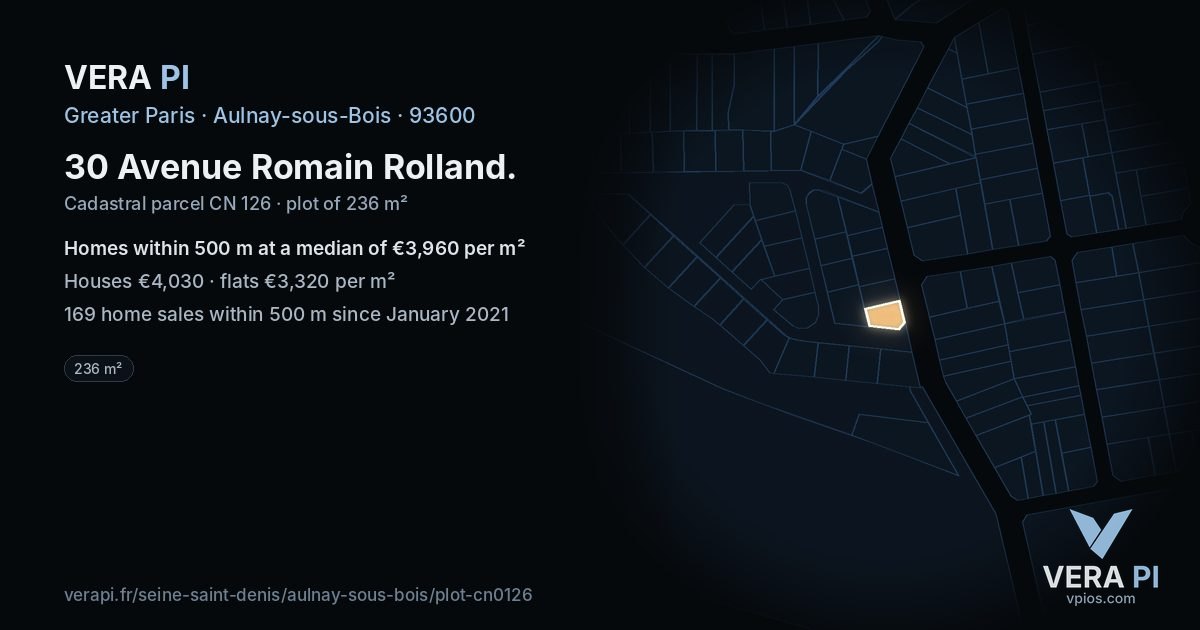 30 Avenue Romain Rolland, Aulnay-sous-Bois at night – the plot lit, the parcels around coloured by the prices near them