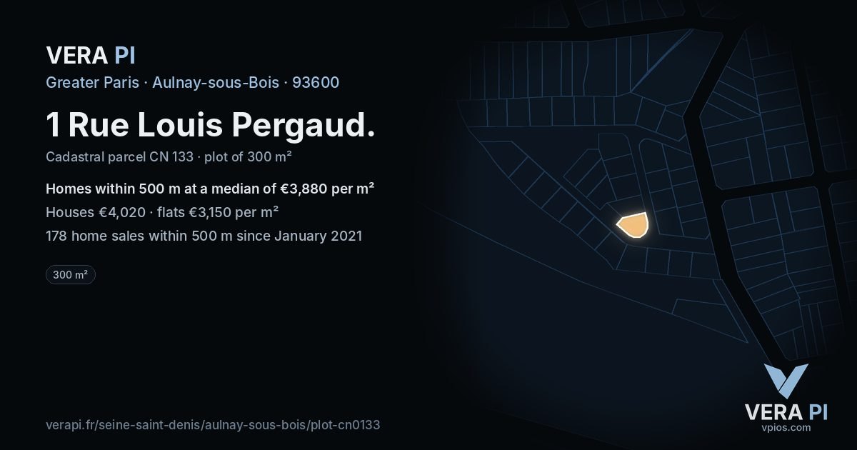 1 Rue Louis Pergaud, Aulnay-sous-Bois at night – the plot lit, the parcels around coloured by the prices near them