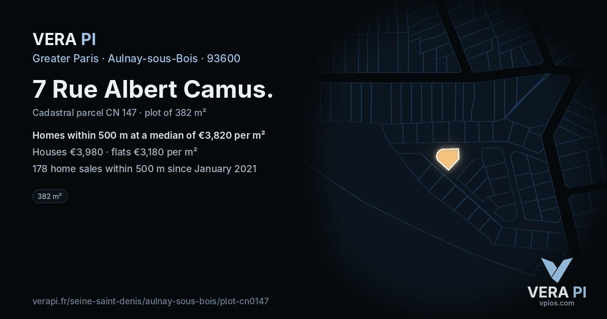 7 Rue Albert Camus, Aulnay-sous-Bois at night – the plot lit, the parcels around coloured by the prices near them