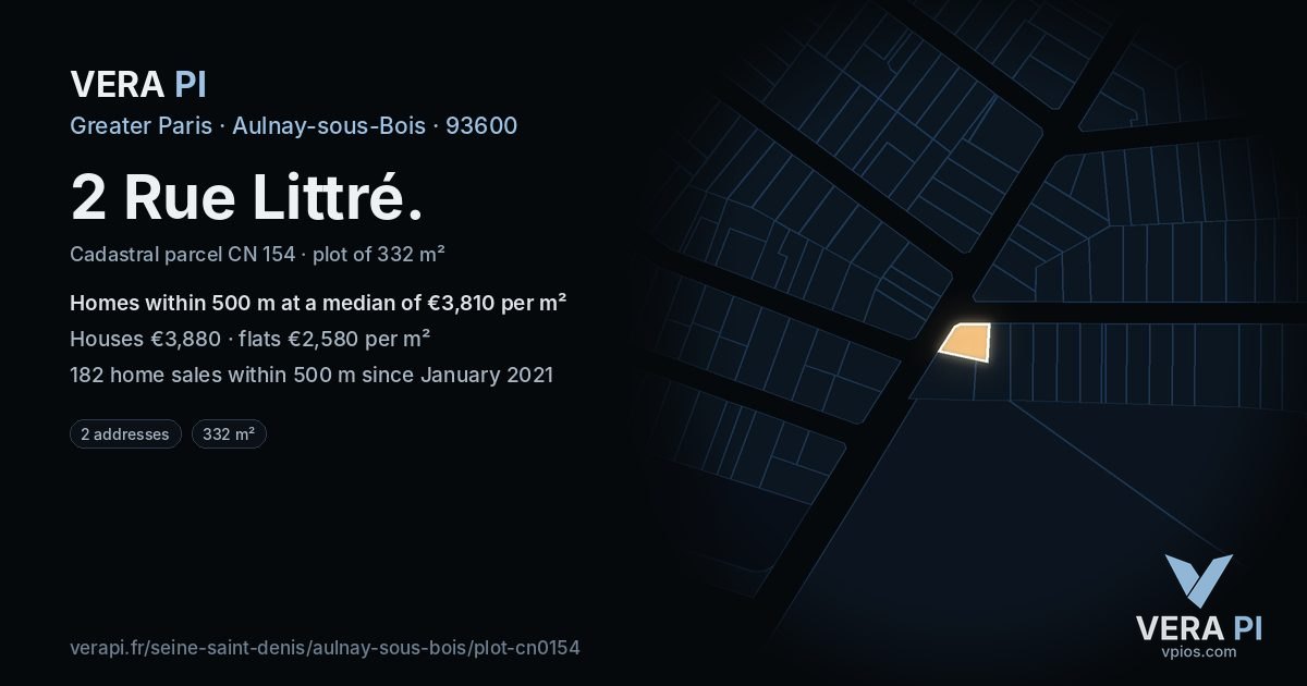2 Rue Littré, Aulnay-sous-Bois at night – the plot lit, the parcels around coloured by the prices near them