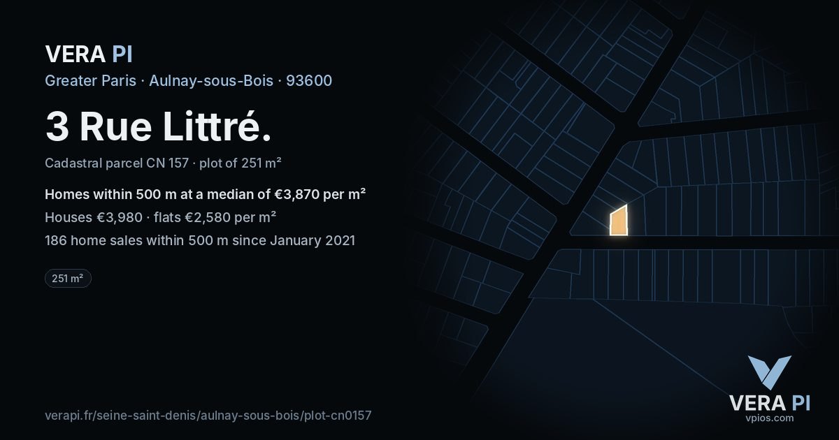 3 Rue Littré, Aulnay-sous-Bois at night – the plot lit, the parcels around coloured by the prices near them