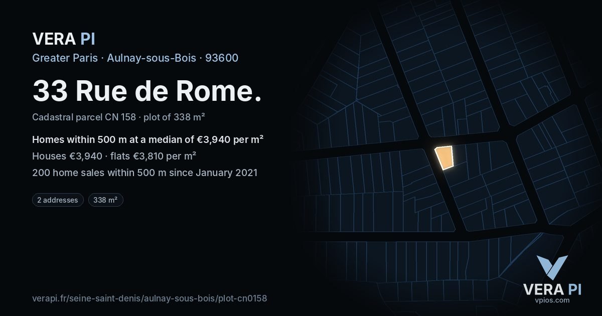 33 Rue de Rome, Aulnay-sous-Bois at night – the plot lit, the parcels around coloured by the prices near them