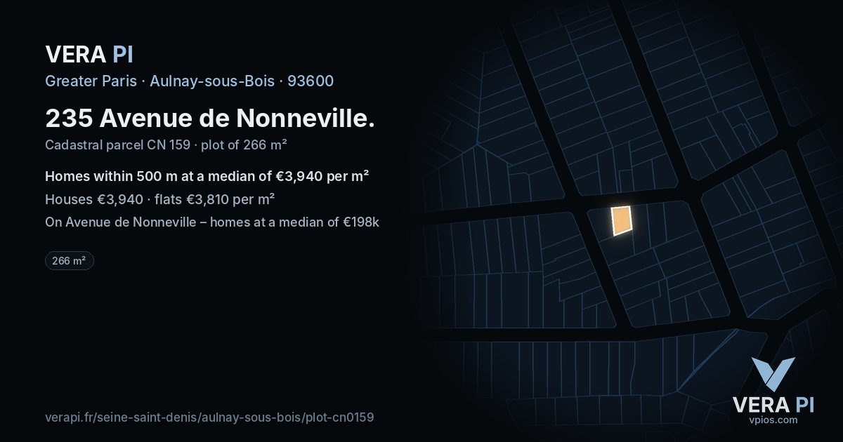 235 Avenue de Nonneville, Aulnay-sous-Bois at night – the plot lit, the parcels around coloured by the prices near them