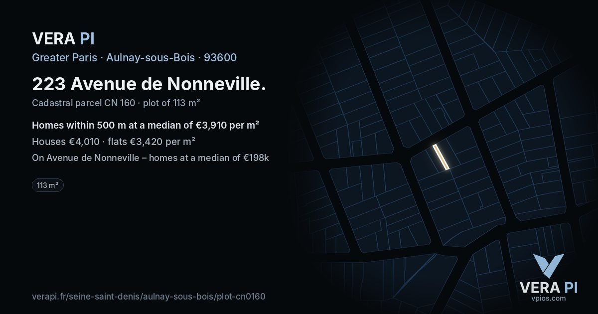 223 Avenue de Nonneville, Aulnay-sous-Bois at night – the plot lit, the parcels around coloured by the prices near them