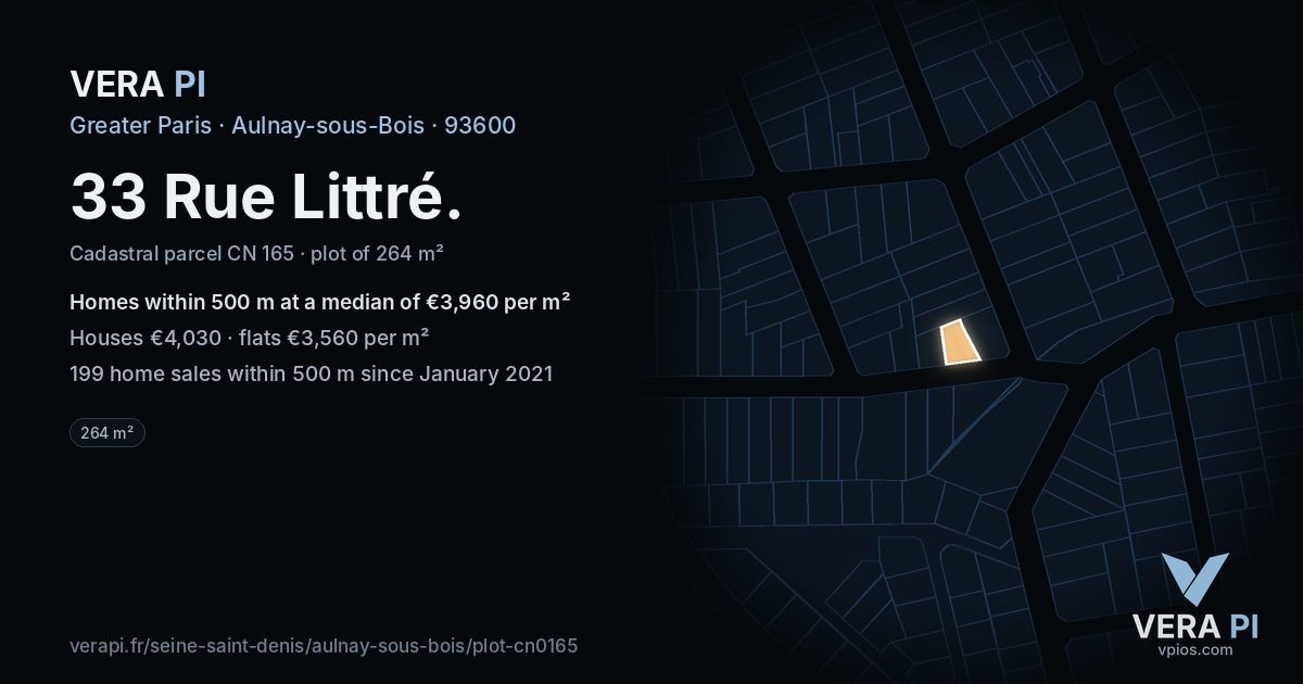 33 Rue Littré, Aulnay-sous-Bois at night – the plot lit, the parcels around coloured by the prices near them