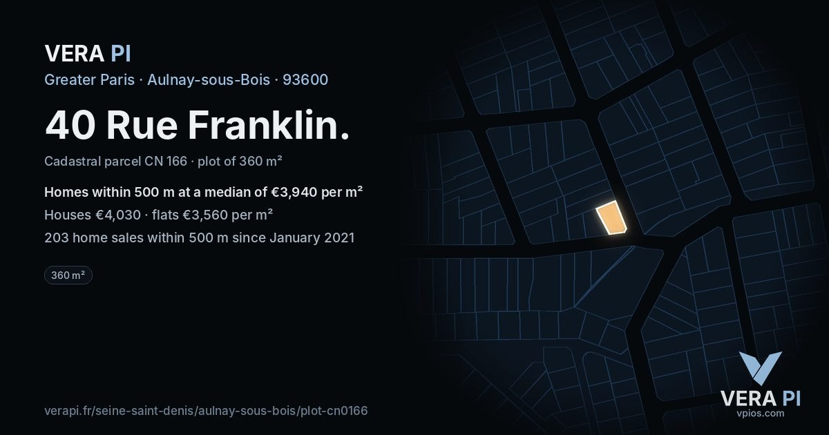 40 Rue Franklin, Aulnay-sous-Bois at night – the plot lit, the parcels around coloured by the prices near them