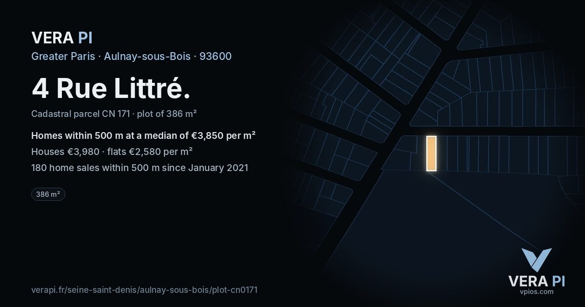 4 Rue Littré, Aulnay-sous-Bois at night – the plot lit, the parcels around coloured by the prices near them
