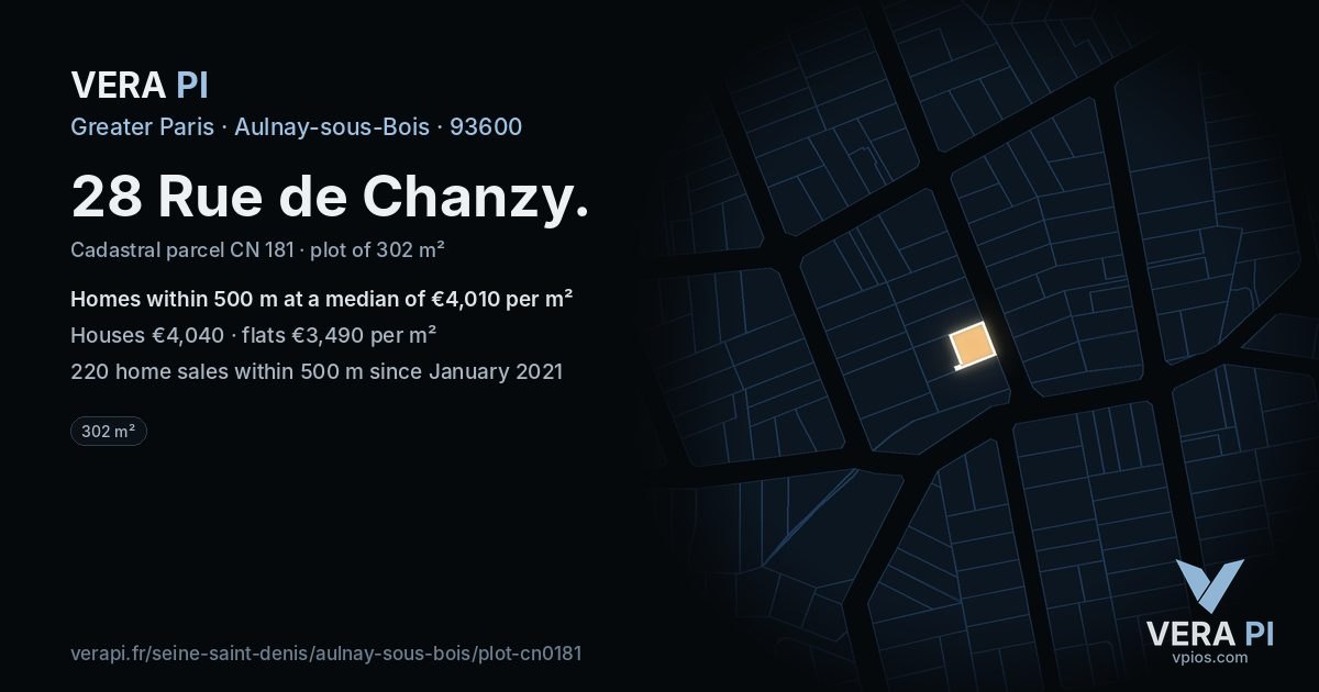 28 Rue de Chanzy, Aulnay-sous-Bois at night – the plot lit, the parcels around coloured by the prices near them