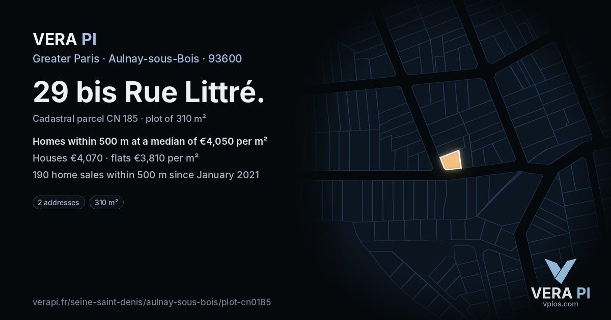 29 bis Rue Littré, Aulnay-sous-Bois at night – the plot lit, the parcels around coloured by the prices near them