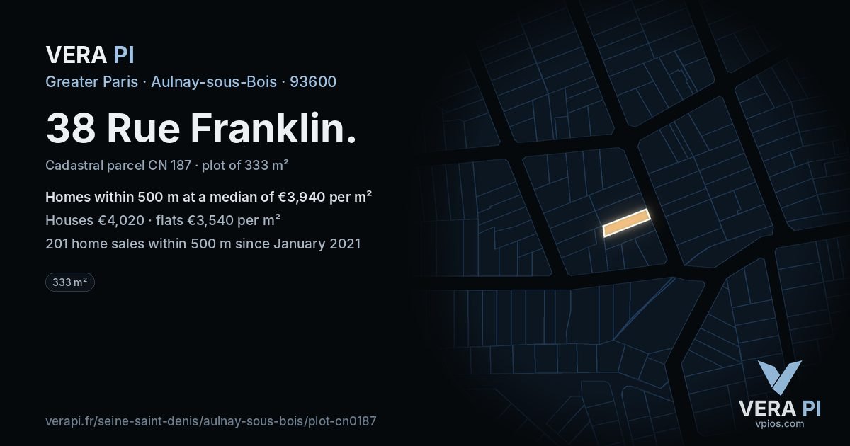 38 Rue Franklin, Aulnay-sous-Bois at night – the plot lit, the parcels around coloured by the prices near them
