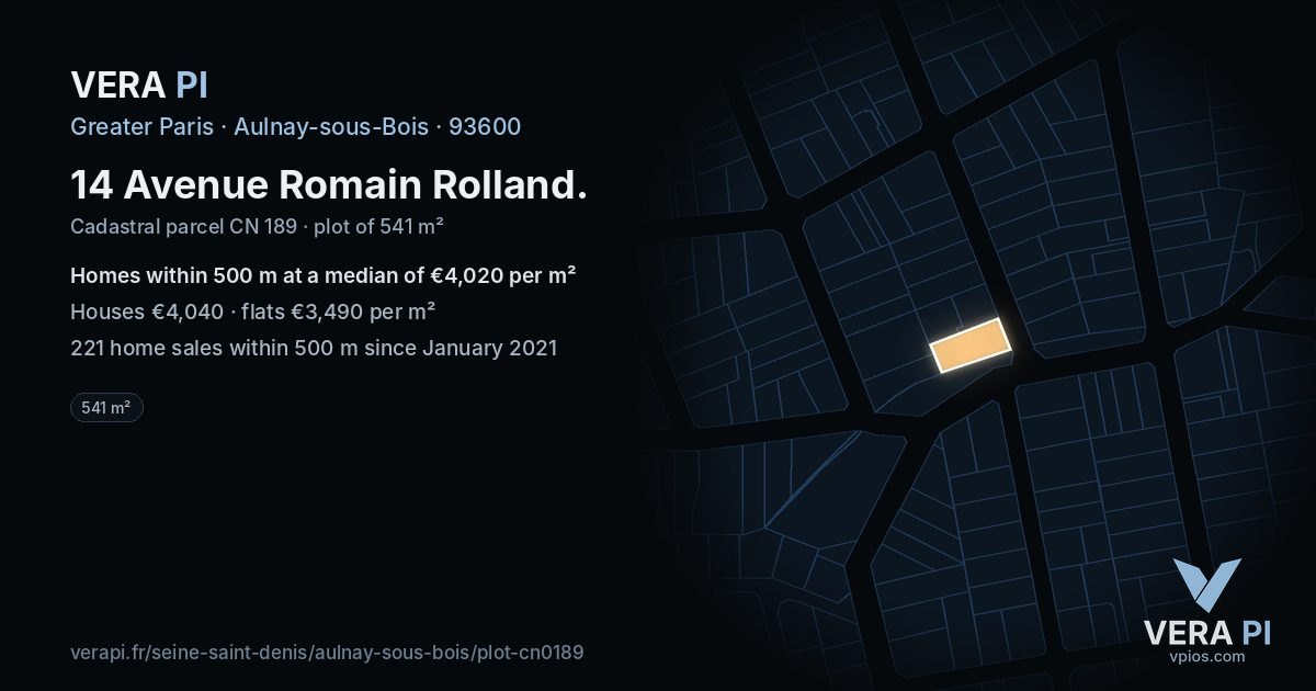 14 Avenue Romain Rolland, Aulnay-sous-Bois at night – the plot lit, the parcels around coloured by the prices near them