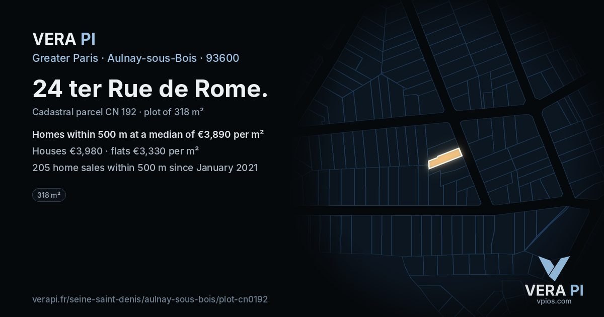 24 ter Rue de Rome, Aulnay-sous-Bois at night – the plot lit, the parcels around coloured by the prices near them