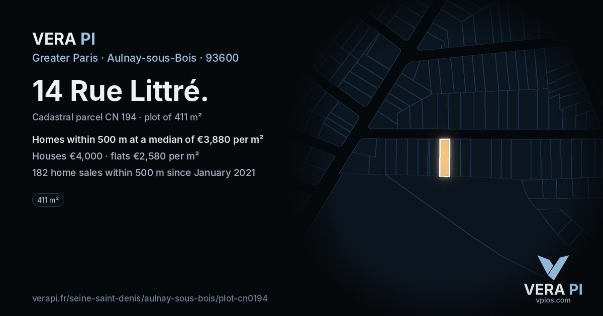 14 Rue Littré, Aulnay-sous-Bois at night – the plot lit, the parcels around coloured by the prices near them