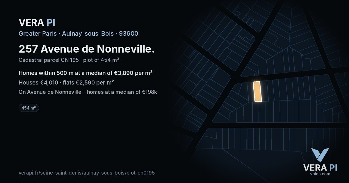 257 Avenue de Nonneville, Aulnay-sous-Bois at night – the plot lit, the parcels around coloured by the prices near them